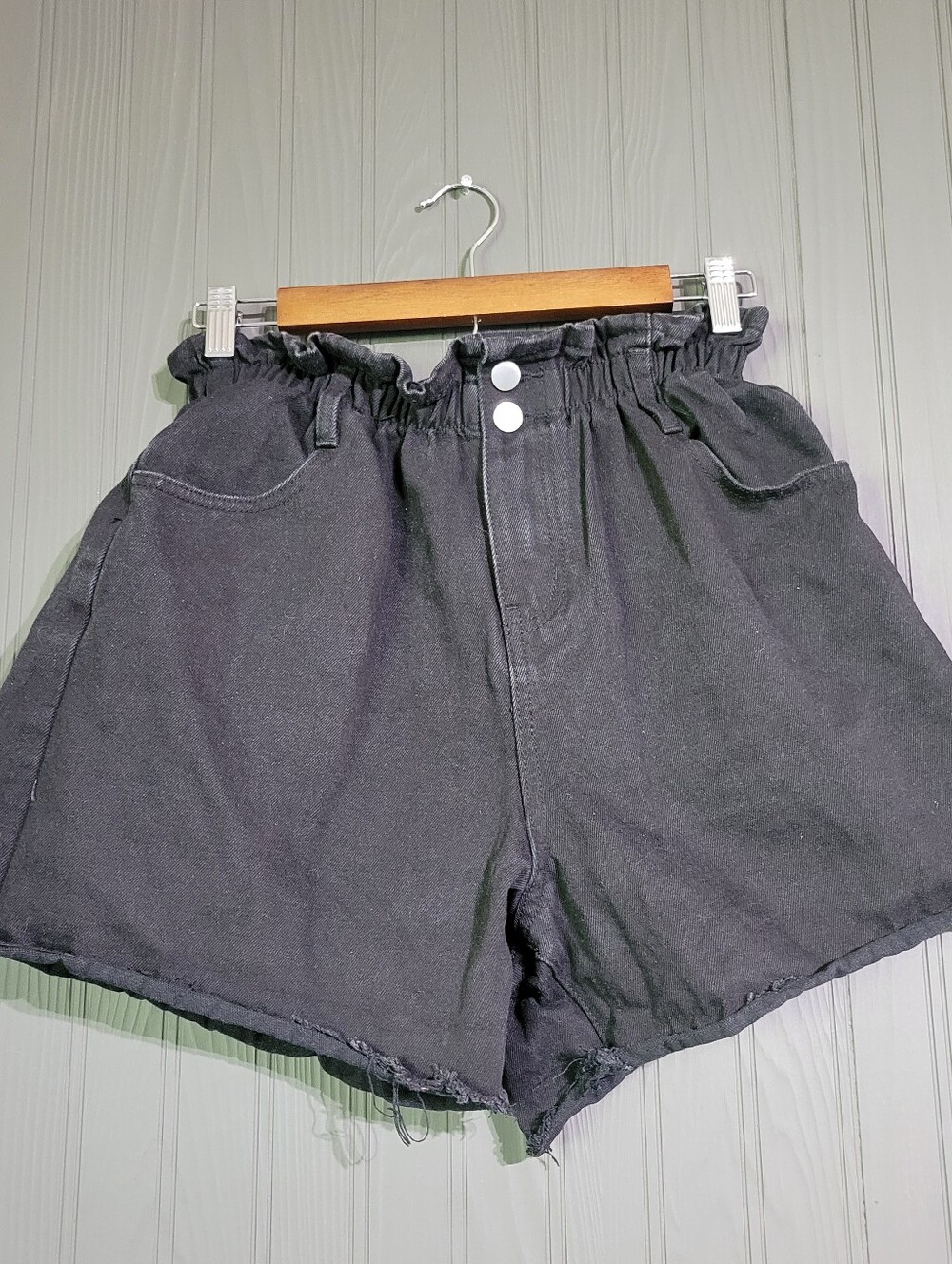 Polly Paper Bag Denim Jean Shorts Raw Hem Cotton Elastic Waist Black Women's 12